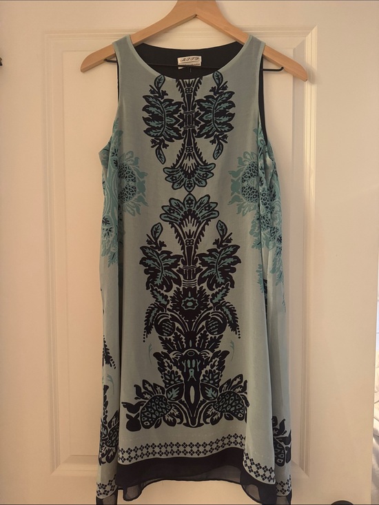 Dresses & Skirts - Sleeveless Light Blue Shift Dress with Navy Floral Medallion
